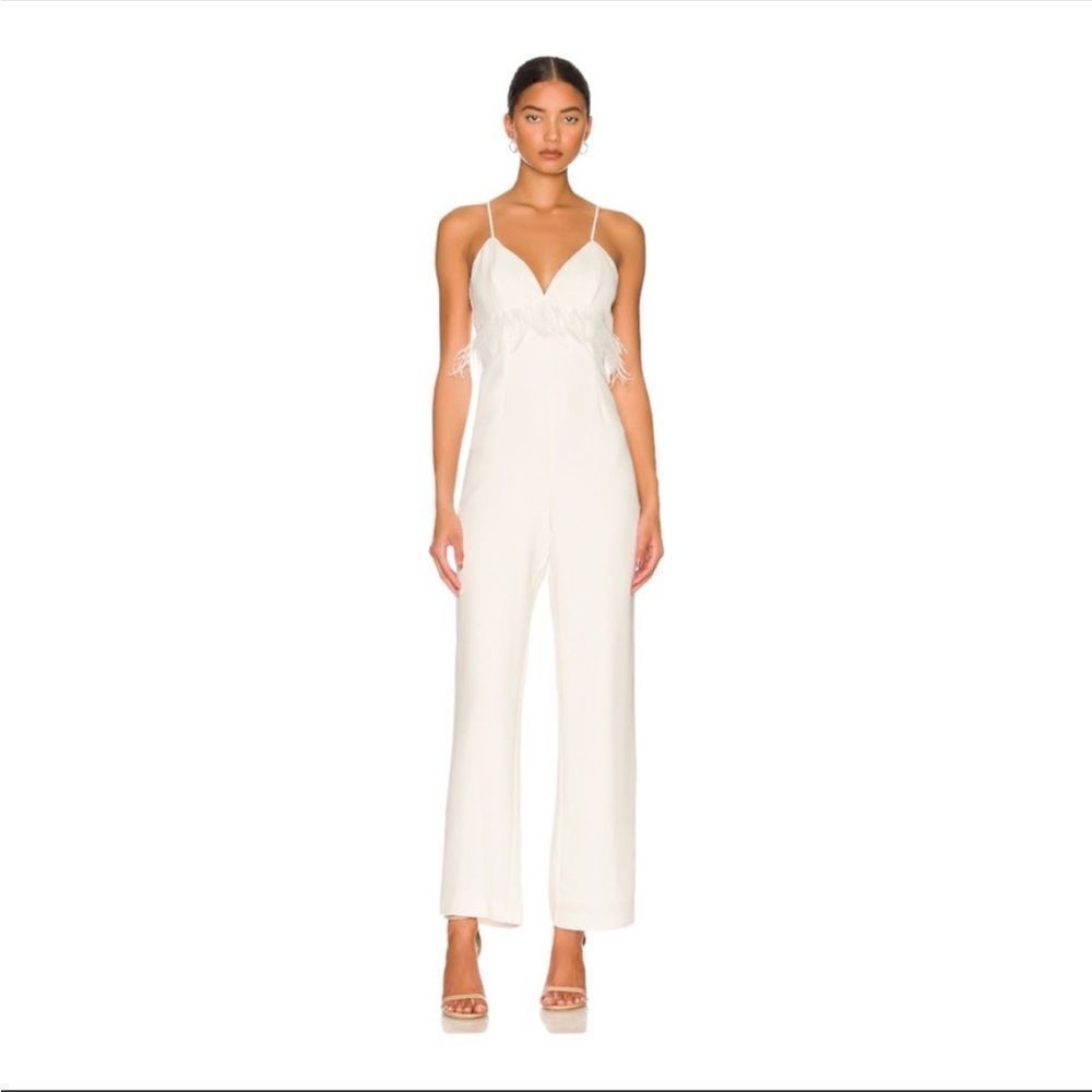 Saylor Krysta Jumpsuit Wedding White Feather Embellished size XS